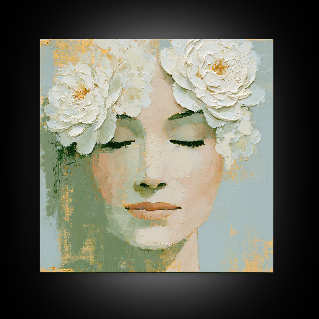 Minimal Face with Closed Eyes and Flowers Framed Canvas Print, Spa Art, Dog Groomer Gifts, Spa Decor, Fine Art, Serenity, SPA-1x1-43