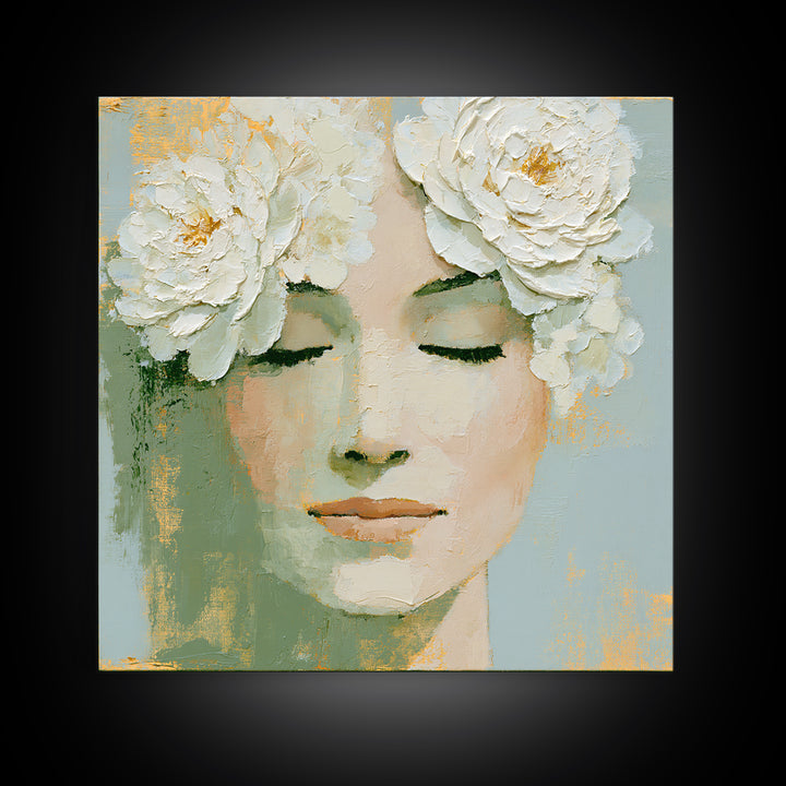Minimal Face with Closed Eyes and Flowers Framed Canvas Print, Spa Art, Dog Groomer Gifts, Spa Decor, Fine Art, Serenity, SPA-1x1-43