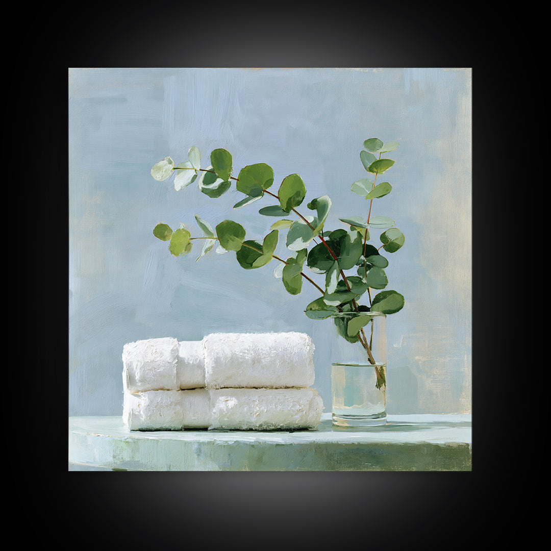 White Towels and Eucalyptus Without Room Context Framed Canvas Print, Spa Art, Wall Decor, Spa Decor, Fine Art, Serenity, SPA-1x1-48