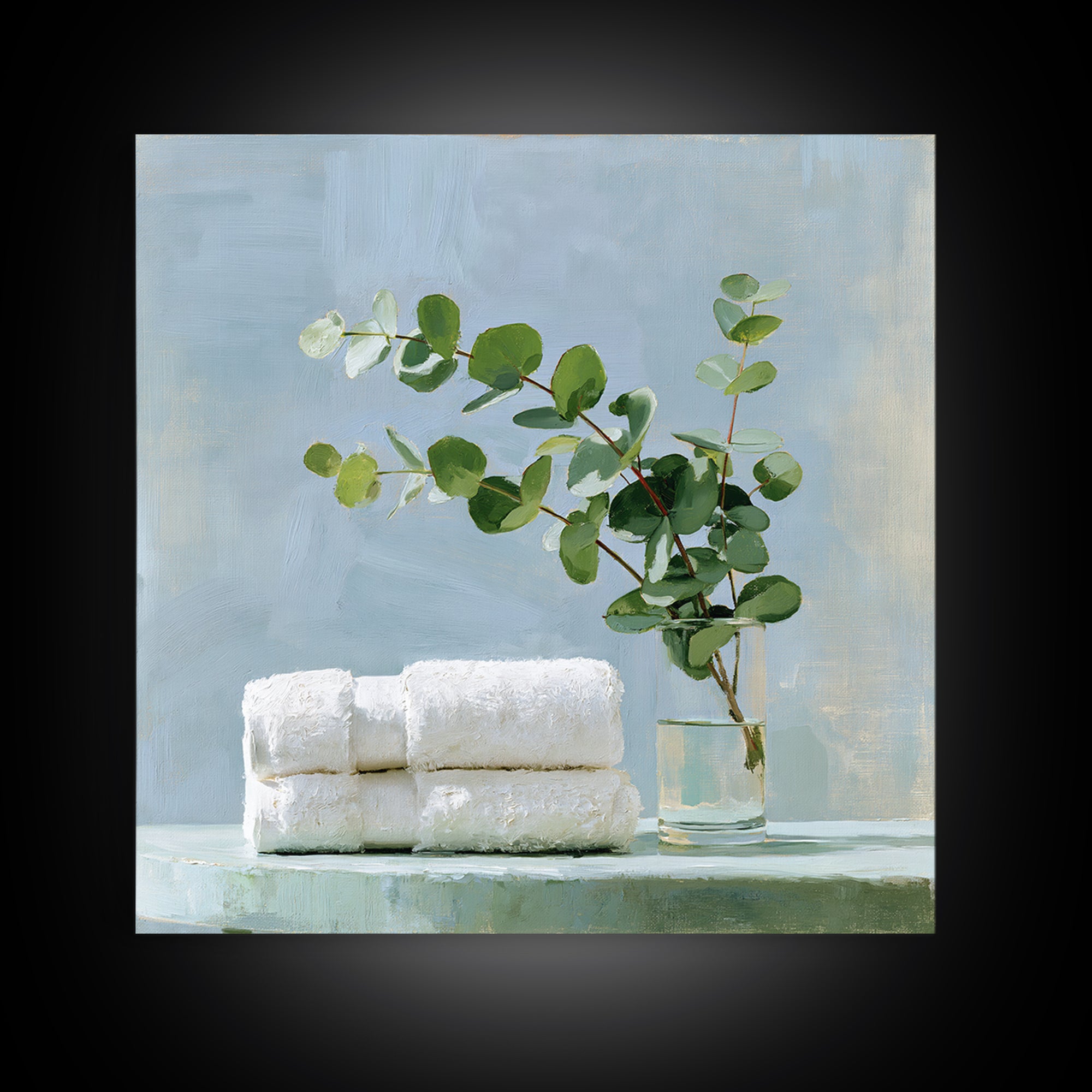 White Towels and Eucalyptus Without Room Context Framed Canvas Print, Spa Art, Wall Decor, Spa Decor, Fine Art, Serenity, SPA-1x1-48