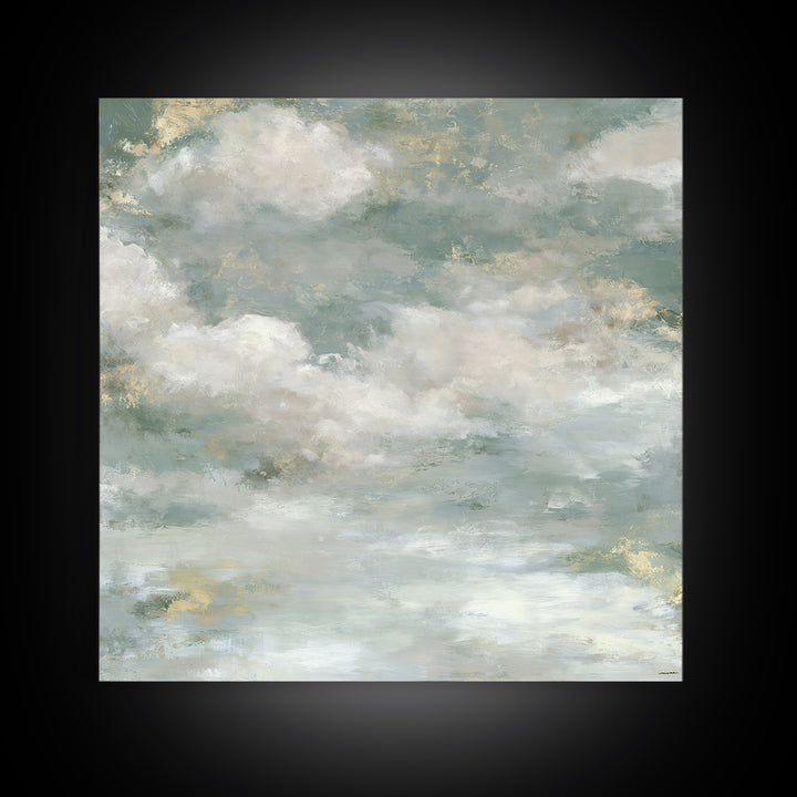 Soft Cloudscape in Cream and Sage Framed Canvas Print, Spa Art, Boho Decor, Spa Decor, Oil Painting, Serenity, Printable Art, SPA-1x1-61