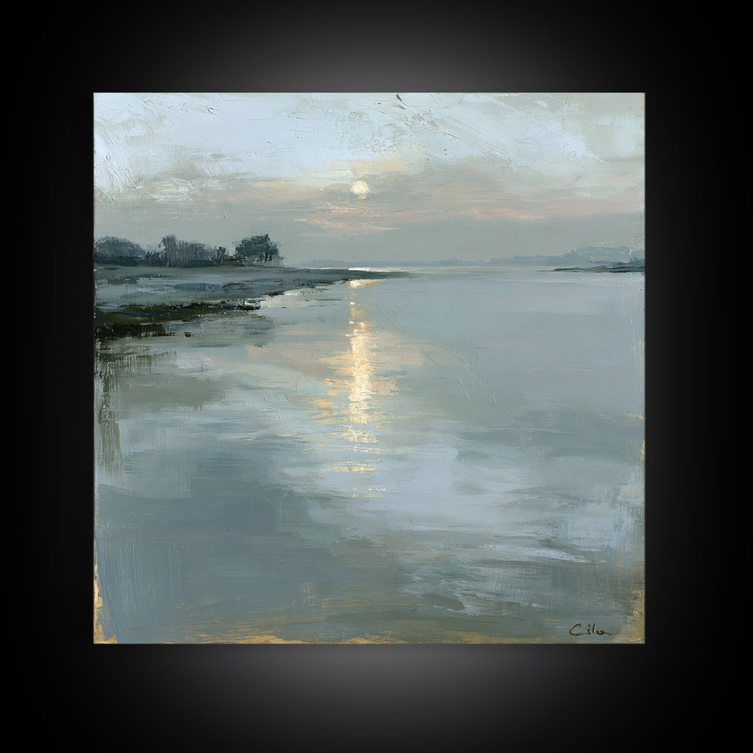Moonlit Lake Reflection Framed Canvas Print, Spa Art, Tarot Card Art, Spa Decor, Fine Art, Serenity, Textured Painting, SPA-1x1-71