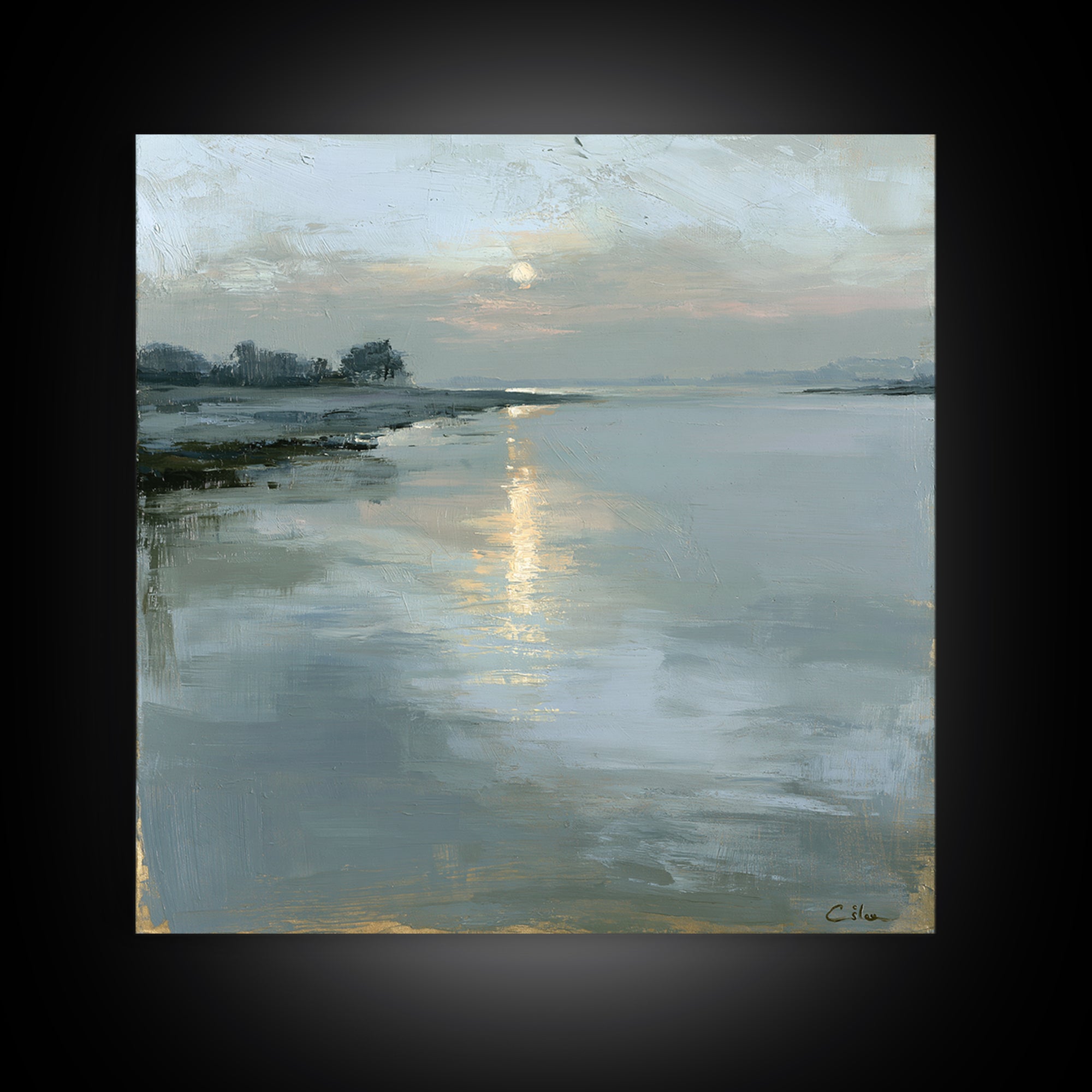 Moonlit Lake Reflection Framed Canvas Print, Spa Art, Tarot Card Art, Spa Decor, Fine Art, Serenity, Textured Painting, SPA-1x1-71