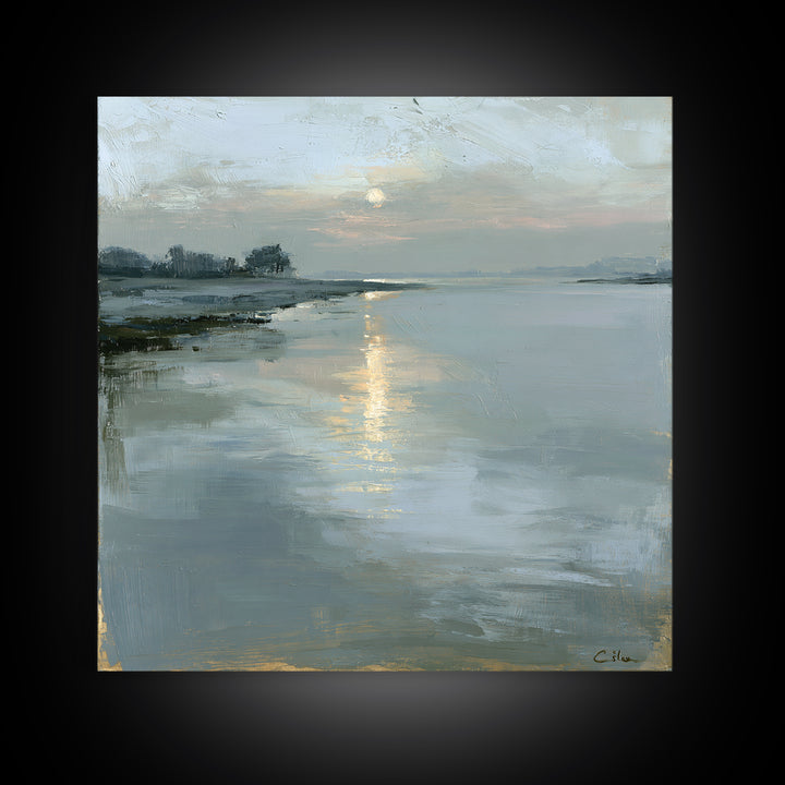 Moonlit Lake Reflection Framed Canvas Print, Spa Art, Tarot Card Art, Spa Decor, Fine Art, Serenity, Textured Painting, SPA-1x1-71