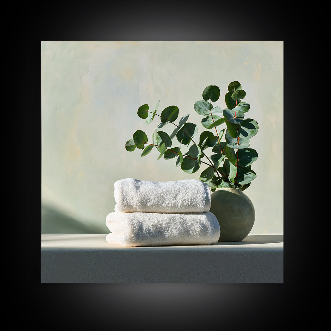 White Towels and Eucalyptus Without Room Context Framed Canvas Print, Spa Art, Wall Art Print, Spa Decor, Fine Art, Serenity, SPA-1x1-96