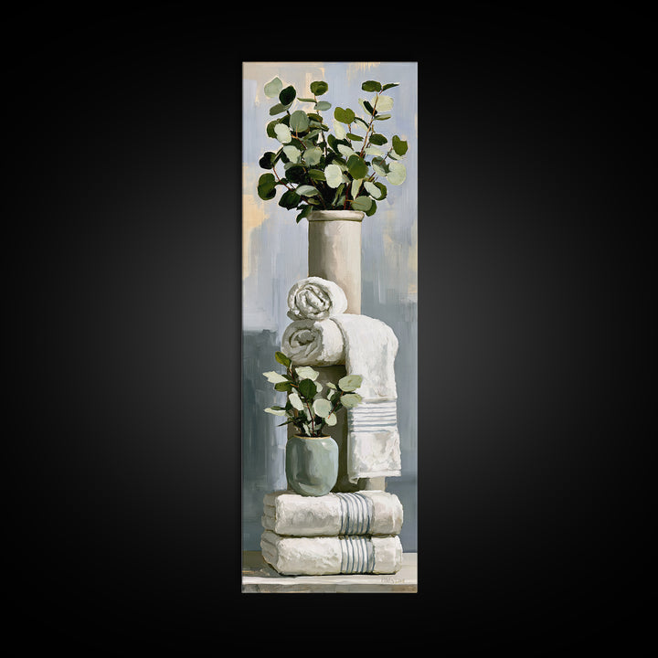 White Towels and Eucalyptus Without Room Context Framed Canvas Print, Spa Art, Wall Art Print, Spa Decor, Fine Art, Serenity, SPA-1x3-36