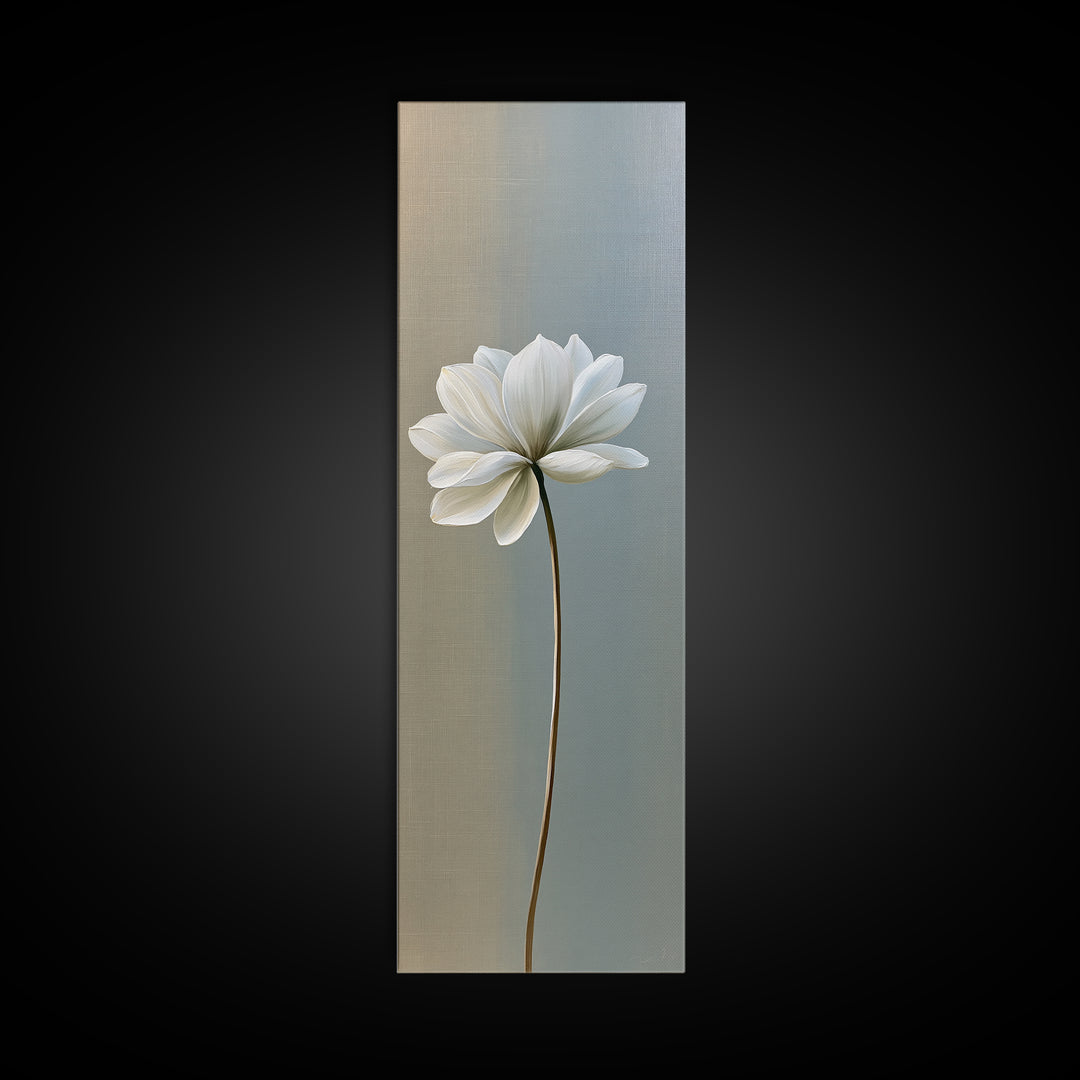 Single White Flower on Linen Ground Framed Canvas Print, Spa Art, Room Decor, Spa Decor, Fine Art, Serenity, Nature Prints, SPA-1x3-53