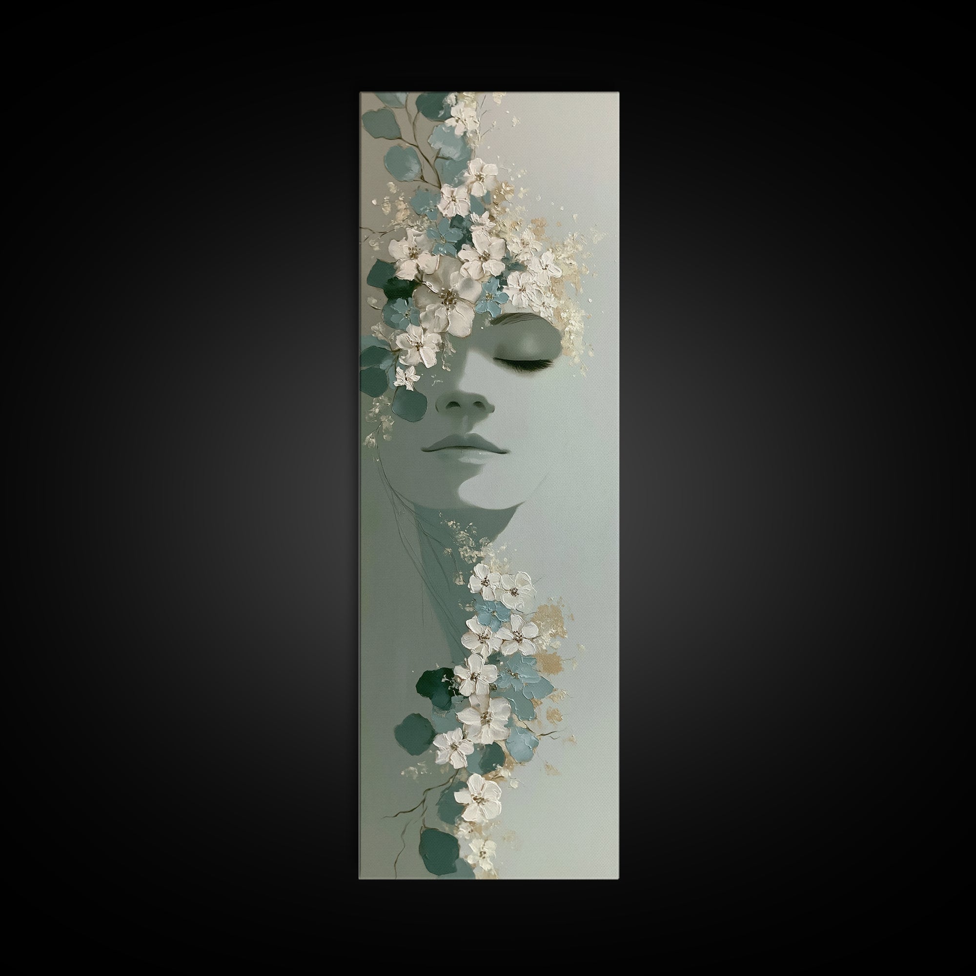 Minimal Face with Closed Eyes and Flowers Canvas Print, Spa Art, Dog Groomer Gifts, Spa Decor, Serenity, Fine Art Print, SPA-1x3-55