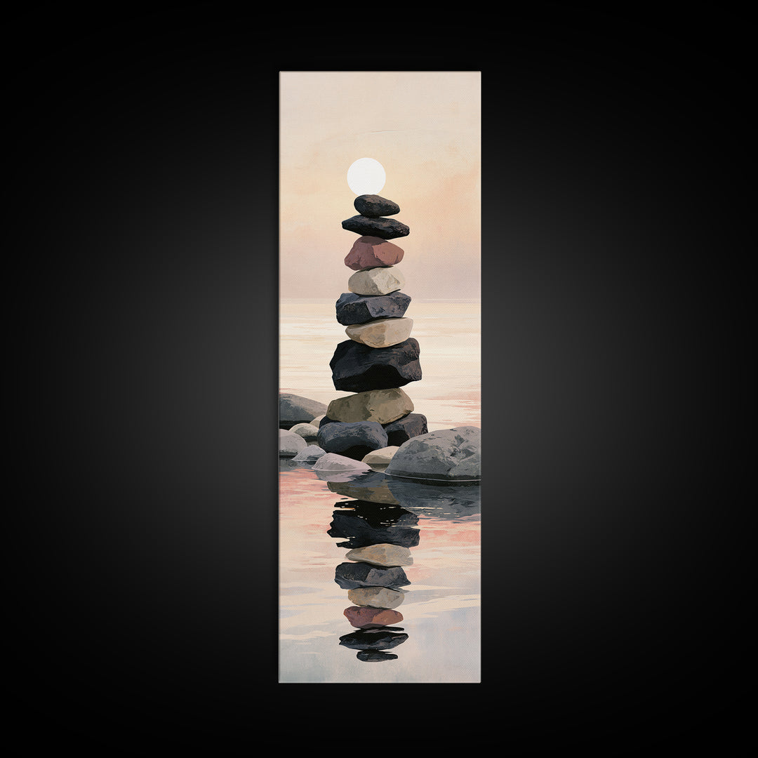 Stacked Stones Beside Calm Water Framed Canvas Print, Spa Art, Printable Wall Art, Spa Decor, Serenity, Feminine Wall Art, SPA-1x3-61
