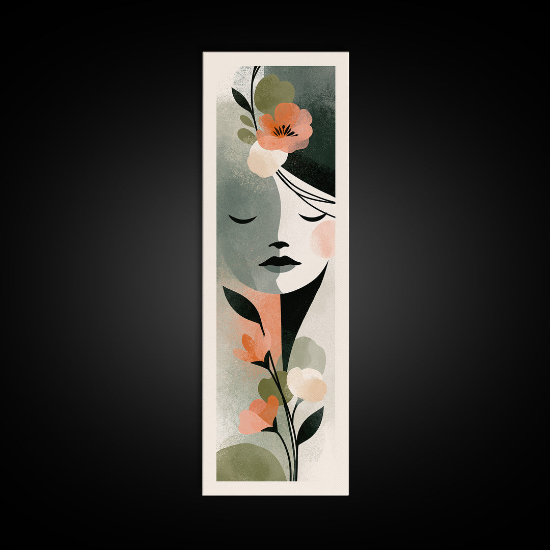 Minimal Face with Closed Eyes and Flowers Framed Canvas Print, Spa Art, Esthetician Decor, Spa Decor, Oil Painting, Serenity, SPA-1x3-79
