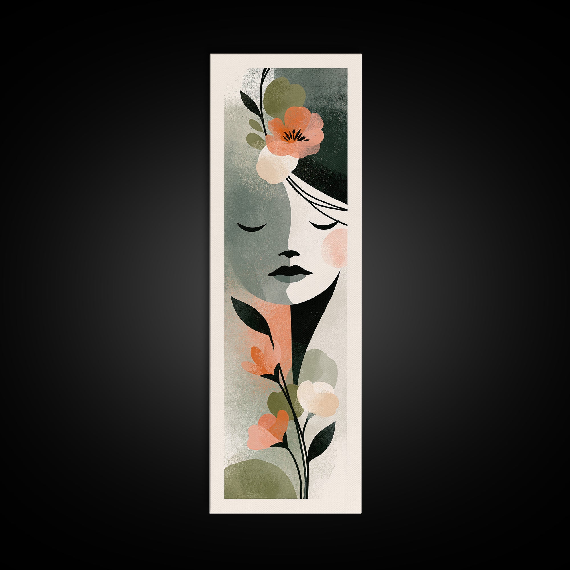 Minimal Face with Closed Eyes and Flowers Framed Canvas Print, Spa Art, Esthetician Decor, Spa Decor, Oil Painting, Serenity, SPA-1x3-79