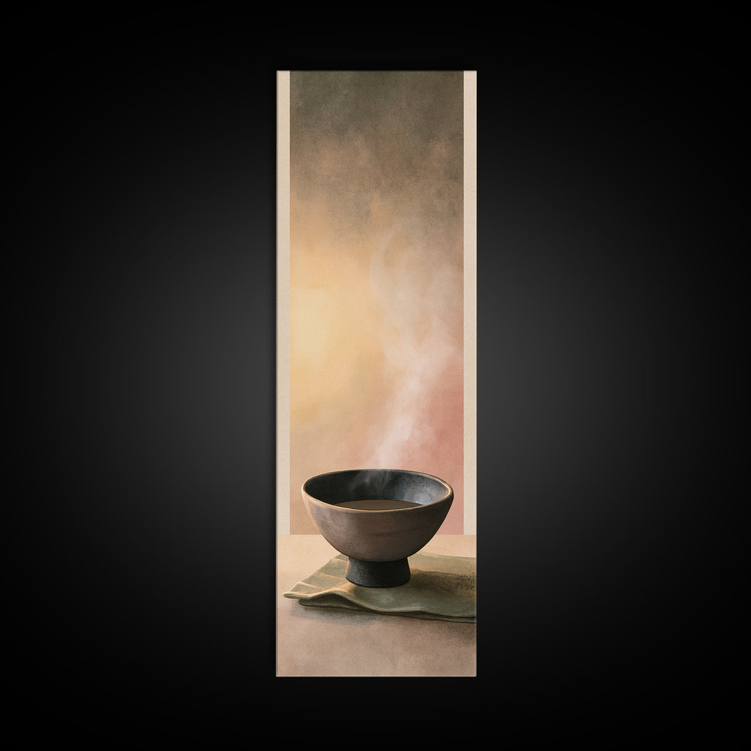 Tea Bowl and Steam Still Life Canvas Print, Spa Art, Boho Decor, Spa Decor, Oil Painting, Serenity, Printable Art, SPA-1x3-82