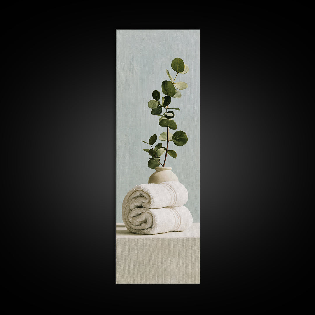 White Towels and Eucalyptus Without Room Context Framed Canvas Print, Spa Art, Fine Art Photography, Spa Decor, Serenity, SPA-1x3-84