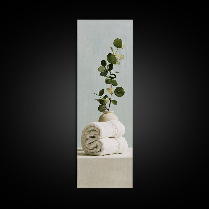 White Towels and Eucalyptus Without Room Context Framed Canvas Print, Spa Art, Fine Art Photography, Spa Decor, Serenity, SPA-1x3-84