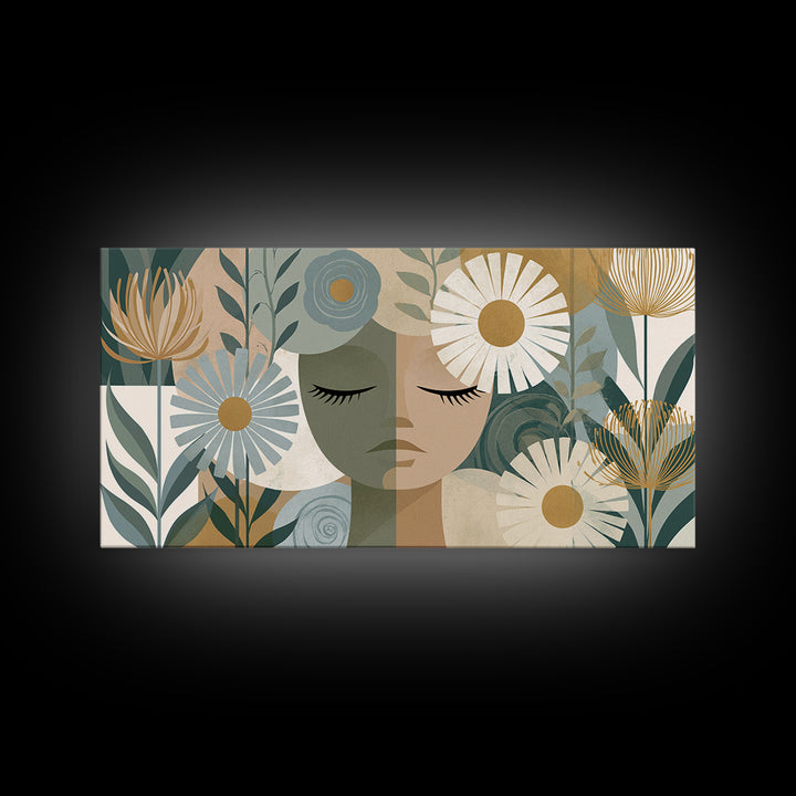 Minimal Face with Closed Eyes and Flowers Framed Canvas Print, Spa Art, Home Decor, Spa Decor, Fine Art, Serenity, Dog Wall Art, SPA-2x1-15