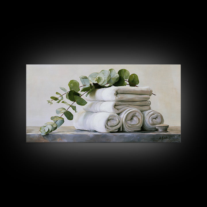 White Towels and Eucalyptus Without Room Context Framed Canvas Print, Spa Art, Statement Artwork, Spa Decor, Fine Art, Serenity, SPA-2x1-20