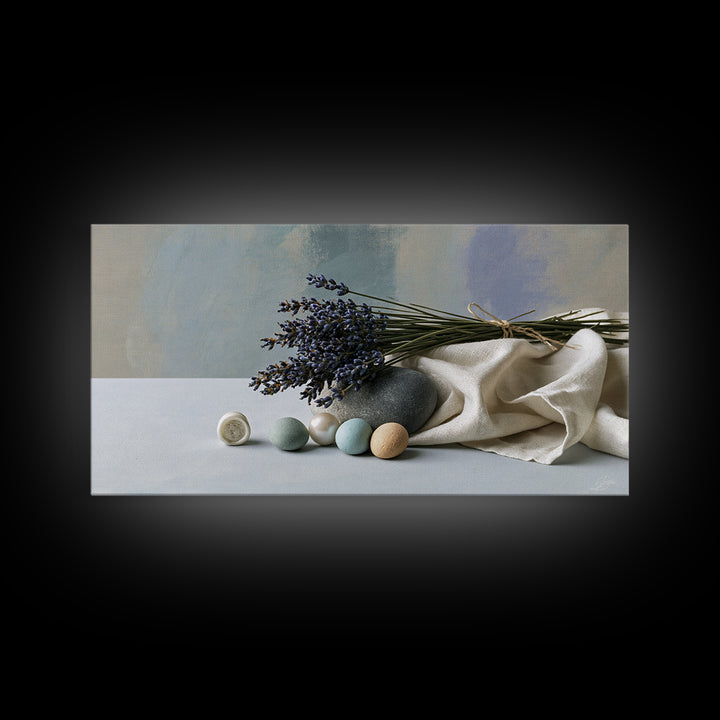 Lavender Bundle with Soft Shadow Framed Canvas Print, Spa Art, Boho Decor, Spa Decor, Oil Painting, Serenity, Printable Art, SPA-2x1-27