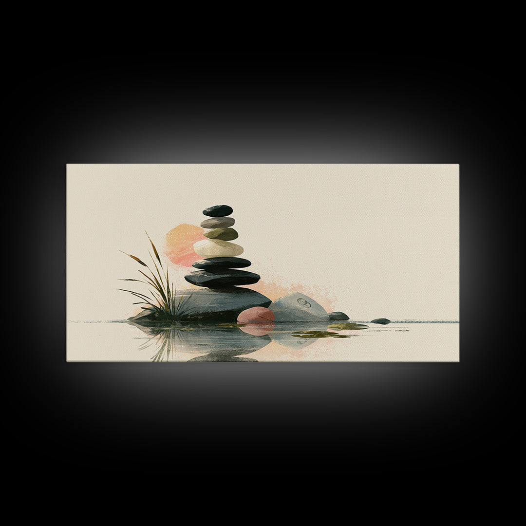 Stacked Stones Beside Calm Water Framed Canvas Print, Spa Art, Spa, Spa Decor, Fine Art, Serenity, Teen Girl Room Decor, SPA-2x1-45