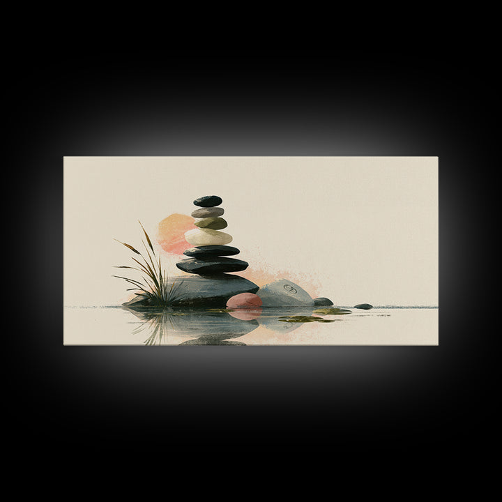 Stacked Stones Beside Calm Water Framed Canvas Print, Spa Art, Spa, Spa Decor, Fine Art, Serenity, Teen Girl Room Decor, SPA-2x1-45
