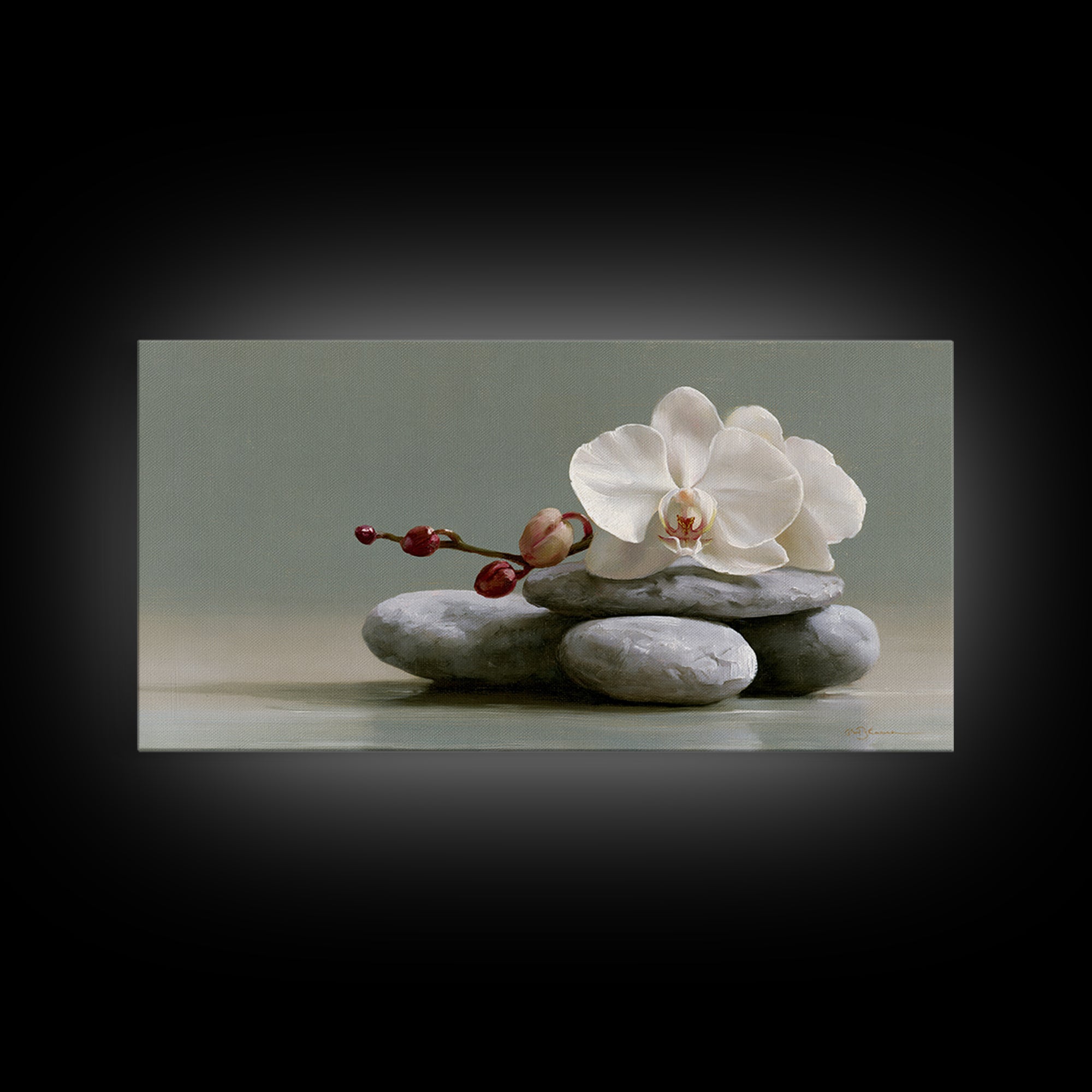 White Orchid on Smooth Gray Stone Framed Canvas Print, Spa Art, Art, Spa Decor, Serenity, Abstract Print, Minimalist Art, SPA-2x1-46
