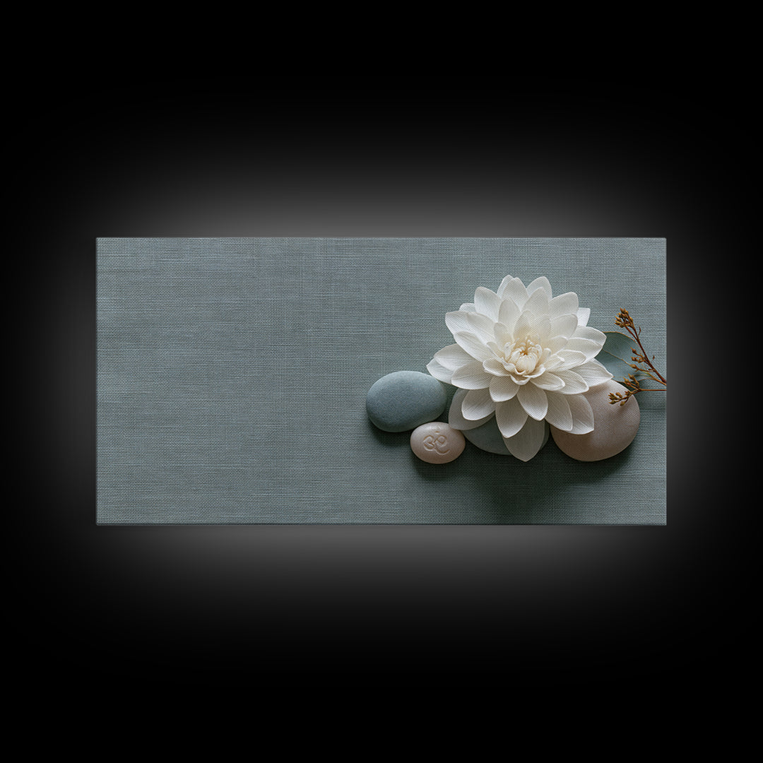 Single White Flower on Linen Ground Canvas Print, Spa Art, Abstract, Spa Decor, Fine Art, Serenity, City Art, Spa Wall Art, SPA-2x1-61
