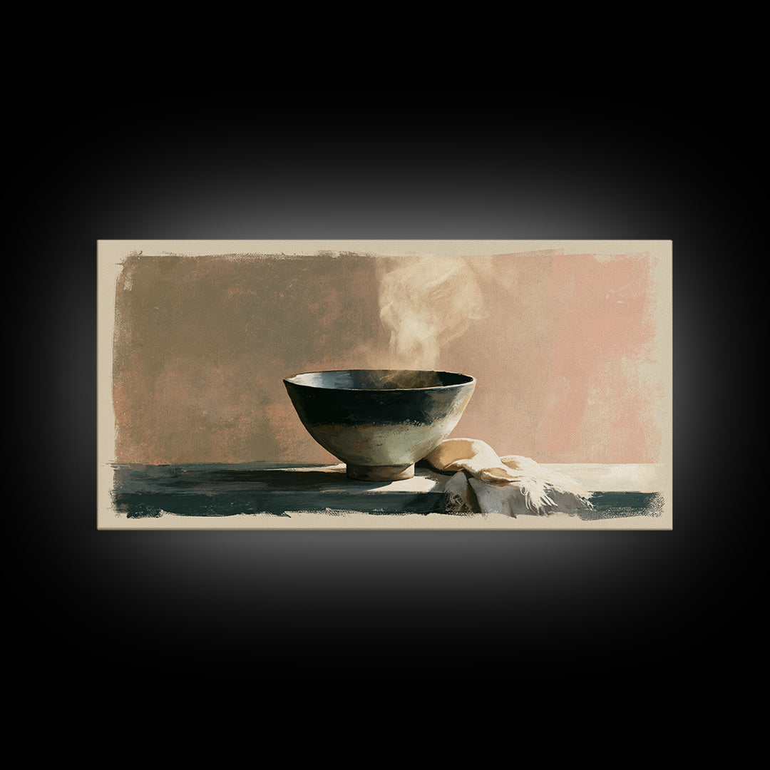 Tea Bowl and Steam Still Life Canvas Print, Spa Art, Spa Decor, Watercolor Art, Serenity, Dog Wall Art, Abstract Print, SPA-2x1-66