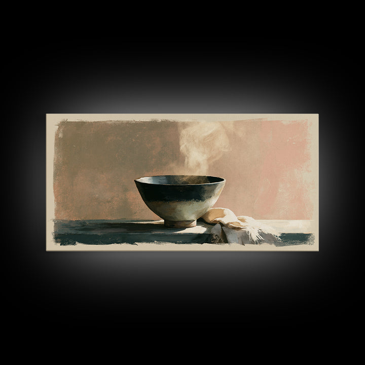 Tea Bowl and Steam Still Life Canvas Print, Spa Art, Spa Decor, Watercolor Art, Serenity, Dog Wall Art, Abstract Print, SPA-2x1-66