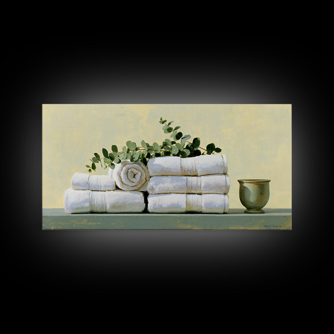 White Towels and Eucalyptus Without Room Context Canvas Print, Spa Art, Nature Prints, Spa Decor, Watercolor Art, Serenity, SPA-2x1-68
