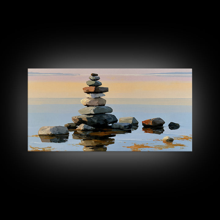 Stacked Stones Beside Calm Water Canvas Print, Spa Art, Animal Art, Spa Decor, Fine Art, Serenity, Gallery Decor, Neutral Decor, SPA-2x1-69