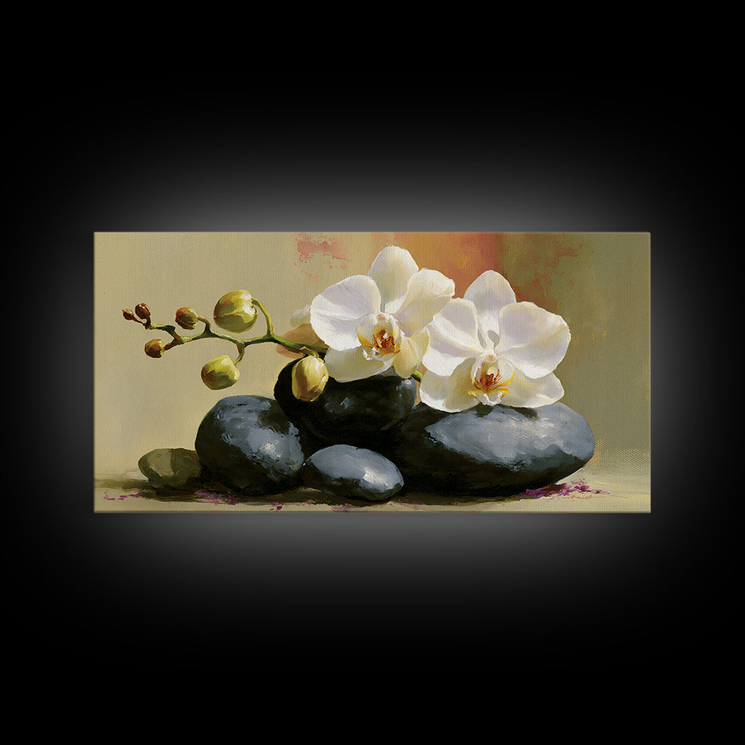 White Orchid on Smooth Gray Stone Canvas Print, Spa Art, Botanical Art, Spa Decor, Fine Art, Serenity, Fashion Wall Art, SPA-2x1-70