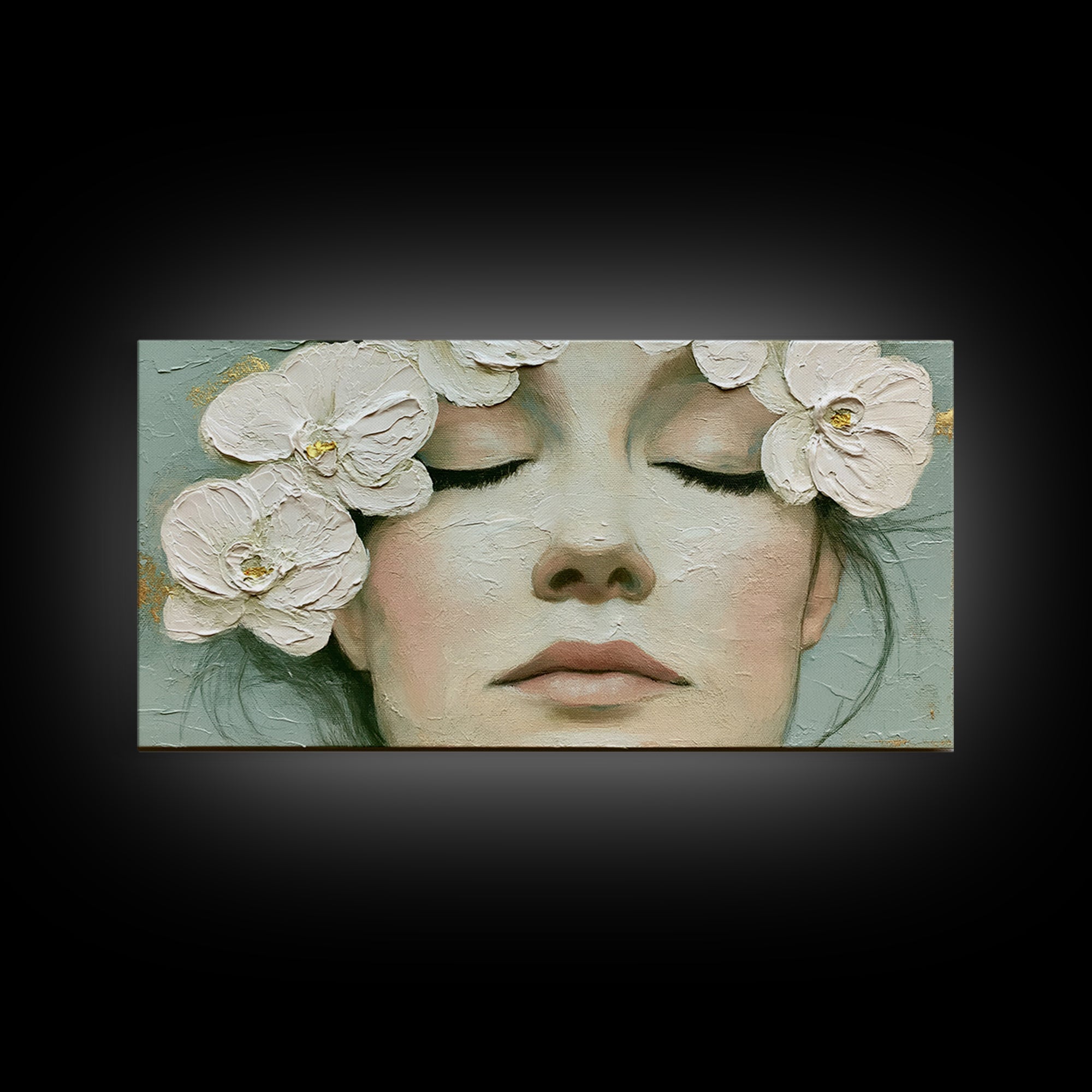 Minimal Face with Closed Eyes and Flowers Framed Canvas Print, Spa Art, Spa Wall Art, Spa Decor, Watercolor Art, Serenity, SPA-2x1-87