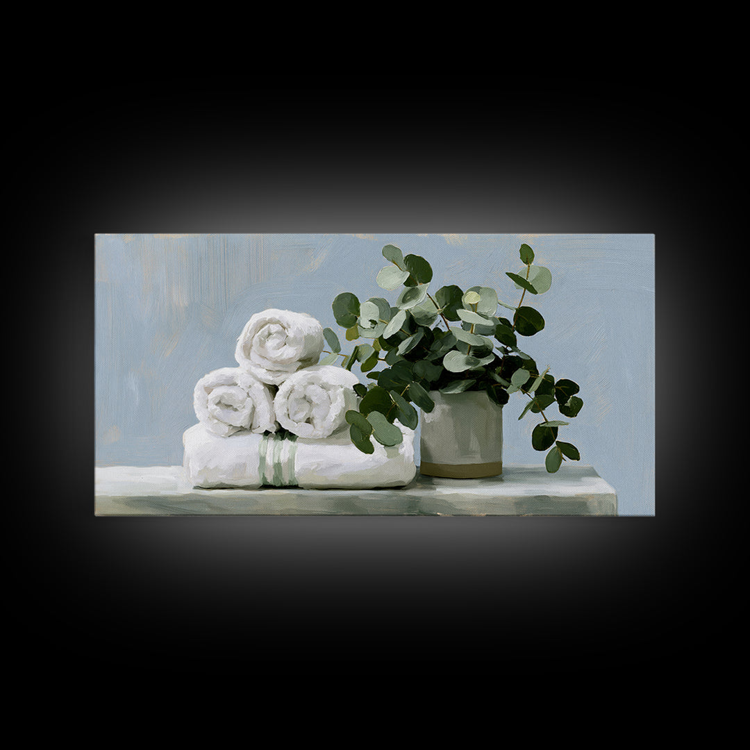 White Towels and Eucalyptus Without Room Context Framed Canvas Print, Spa Art, Abstract Print, Spa Decor, Oil Painting, SPA-2x1-92
