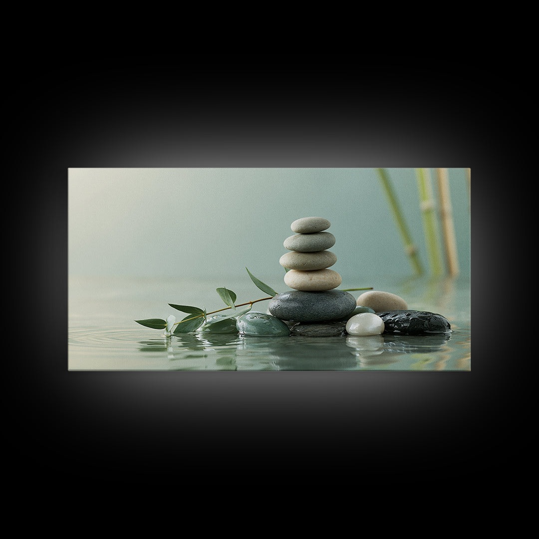 Stacked Stones Beside Calm Water Canvas Print, Spa Art, Animal Art, Spa Decor, Fine Art, Serenity, Gallery Decor, Neutral Decor, SPA-2x1-93