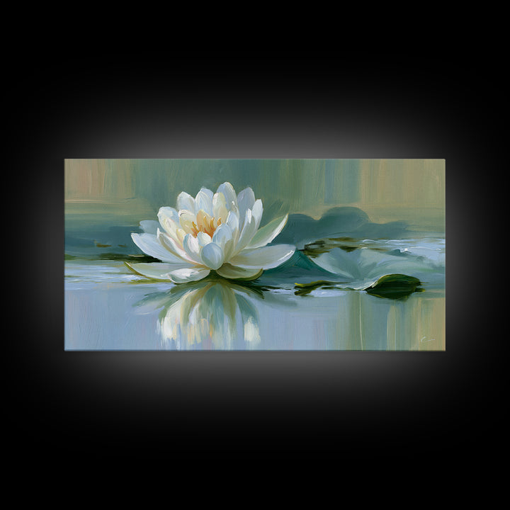 Lotus Flower Floating on Still Pond Framed Canvas Print, Spa Art, Dog Groomer Gifts, Spa Decor, Serenity, Fine Art Print, SPA-2x1-96