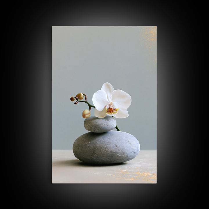 White Orchid on Smooth Gray Stone Canvas Print, Spa Art, Minimalist Decor, Spa Decor, Fine Art, Serenity, Contemporary Art, SPA-2x3-10
