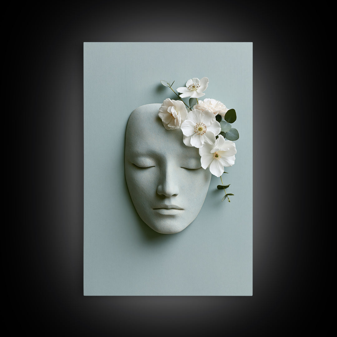 Minimal Face with Closed Eyes and Flowers Canvas Print, Spa Art, Home Decor, Spa Decor, Fine Art, Serenity, Dog Wall Art, SPA-2x3-27