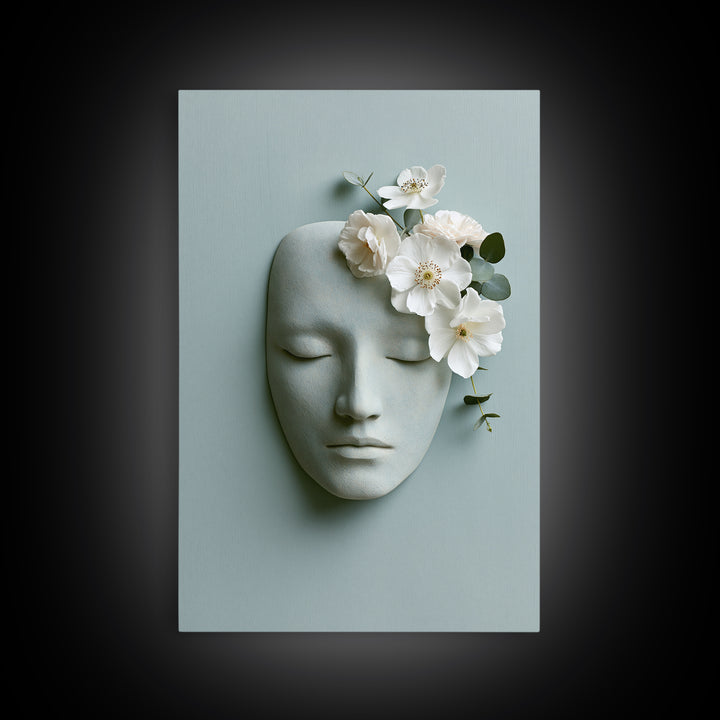 Minimal Face with Closed Eyes and Flowers Canvas Print, Spa Art, Home Decor, Spa Decor, Fine Art, Serenity, Dog Wall Art, SPA-2x3-27