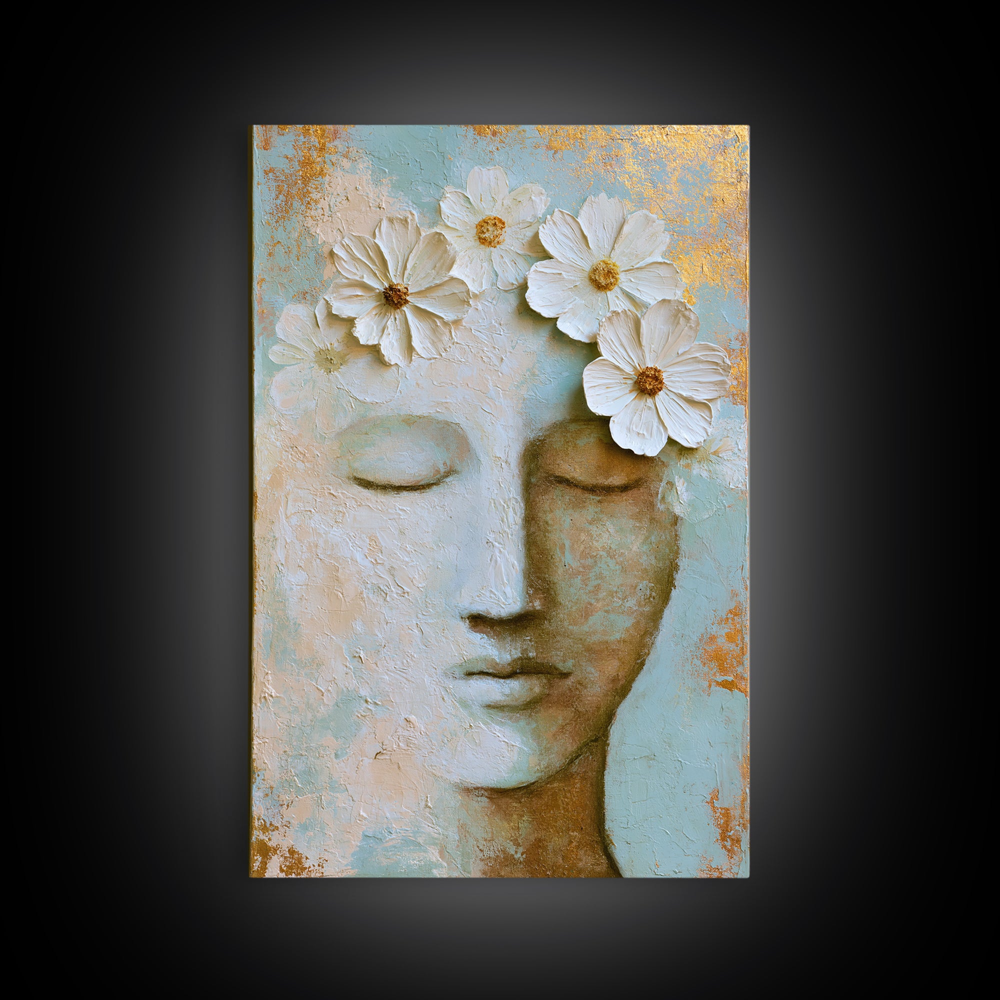 Minimal Face with Closed Eyes and Flowers Framed Canvas Print, Spa Art, Art Print, Spa Decor, Watercolor Art, Serenity, SPA-2x3-3