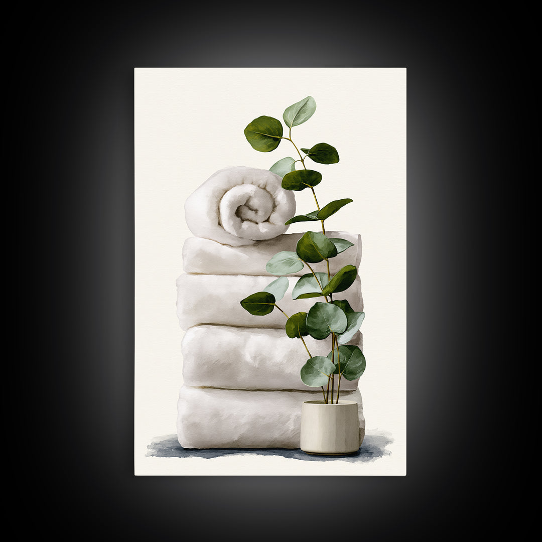 White Towels and Eucalyptus Without Room Context Canvas Print, Spa Art, Statement Artwork, Spa Decor, Fine Art, Serenity, SPA-2x3-32