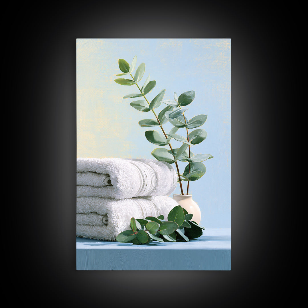 White Towels and Eucalyptus Without Room Context Framed Canvas Print, Spa Art, Spa Decor, Abstract Art, Serenity, SPA-2x3-56