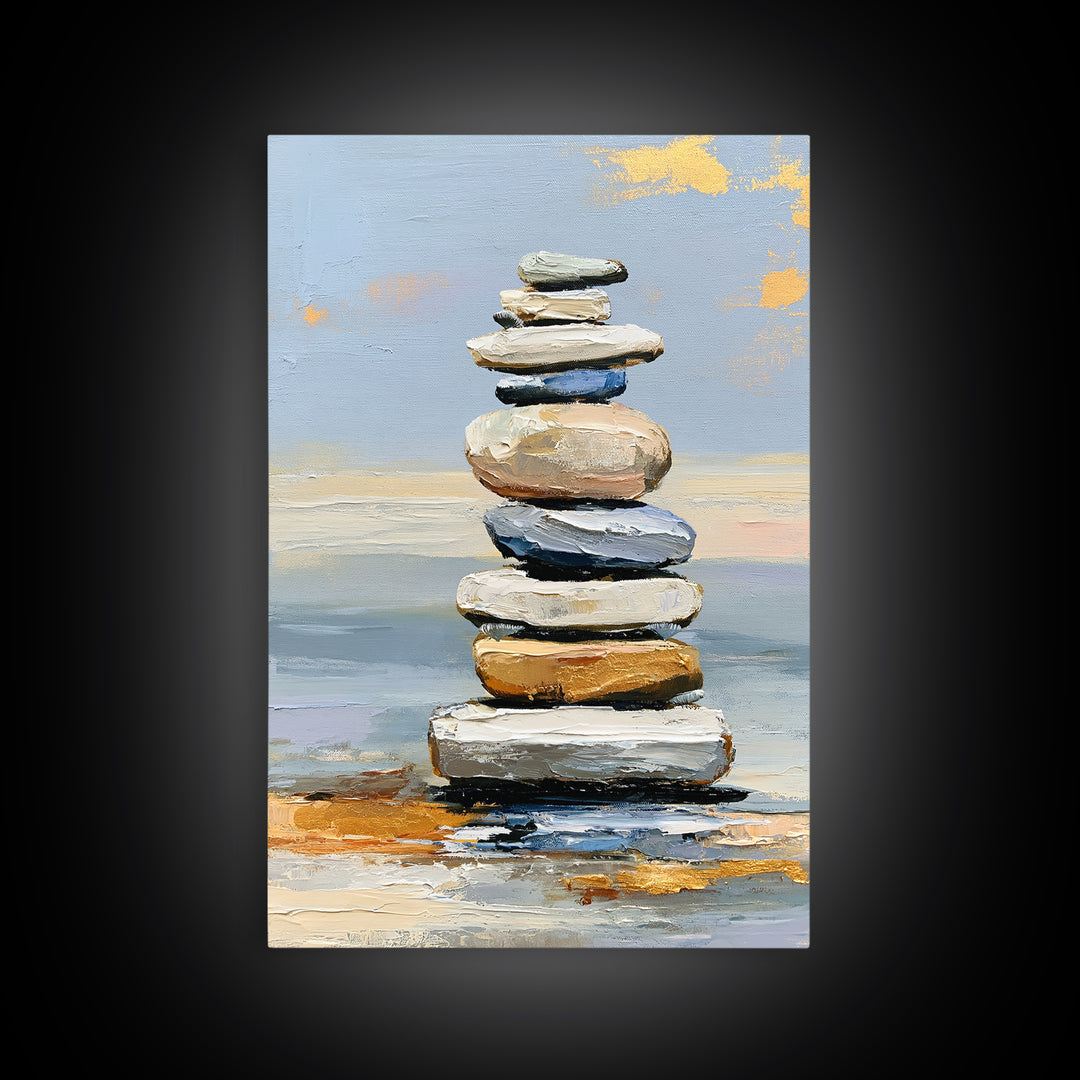 Stacked Stones Beside Calm Water Canvas Print, Spa Art, Dog Groomer Gifts, Spa Decor, Oil Painting, Serenity, Fine Art Print, SPA-2x3-57
