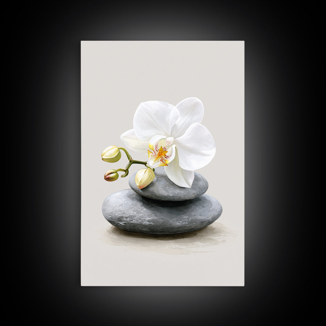 White Orchid on Smooth Gray Stone Canvas Print, Spa Art, Abstract, Spa Decor, Fine Art, Serenity, City Art, Spa Wall Art, SPA-2x3-58