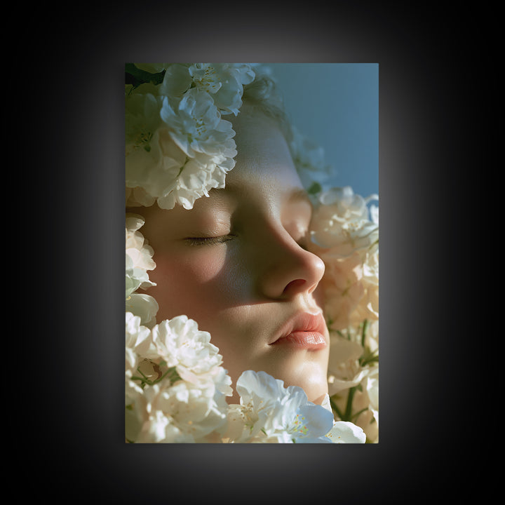 Minimal Face with Closed Eyes and Flowers Framed Canvas Print, Spa Art, Animal Art, Spa Decor, Watercolor Art, Serenity, SPA-2x3-75
