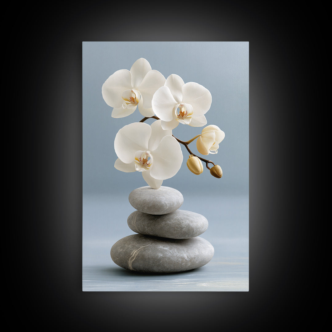 White Orchid on Smooth Gray Stone Canvas Print, Spa Art, Abstract, Spa Decor, Fine Art, Serenity, City Art, Spa Wall Art, SPA-2x3-82