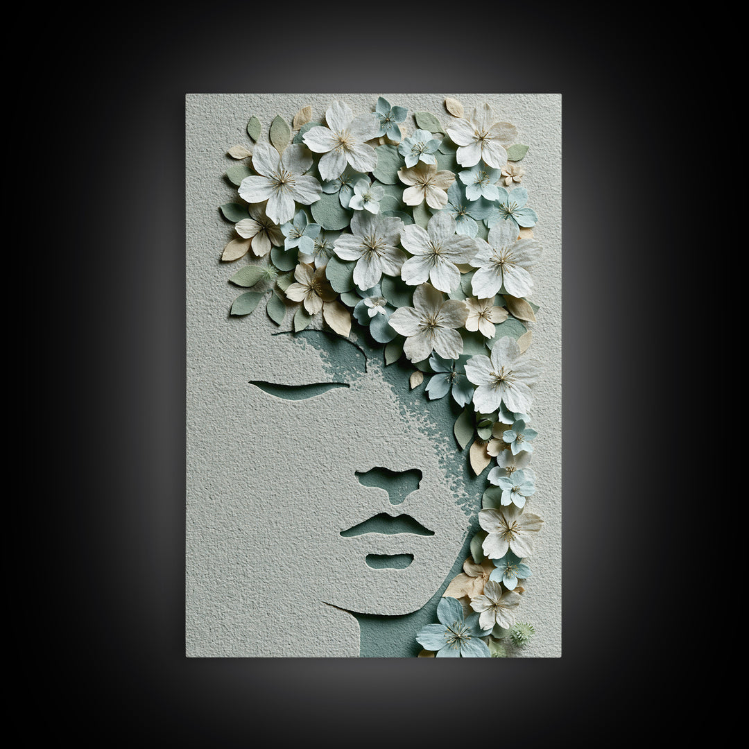 Minimal Face with Closed Eyes and Flowers Canvas Print, Spa Art, Spa Wall Art, Spa Decor, Watercolor Art, Serenity, SPA-2x3-99