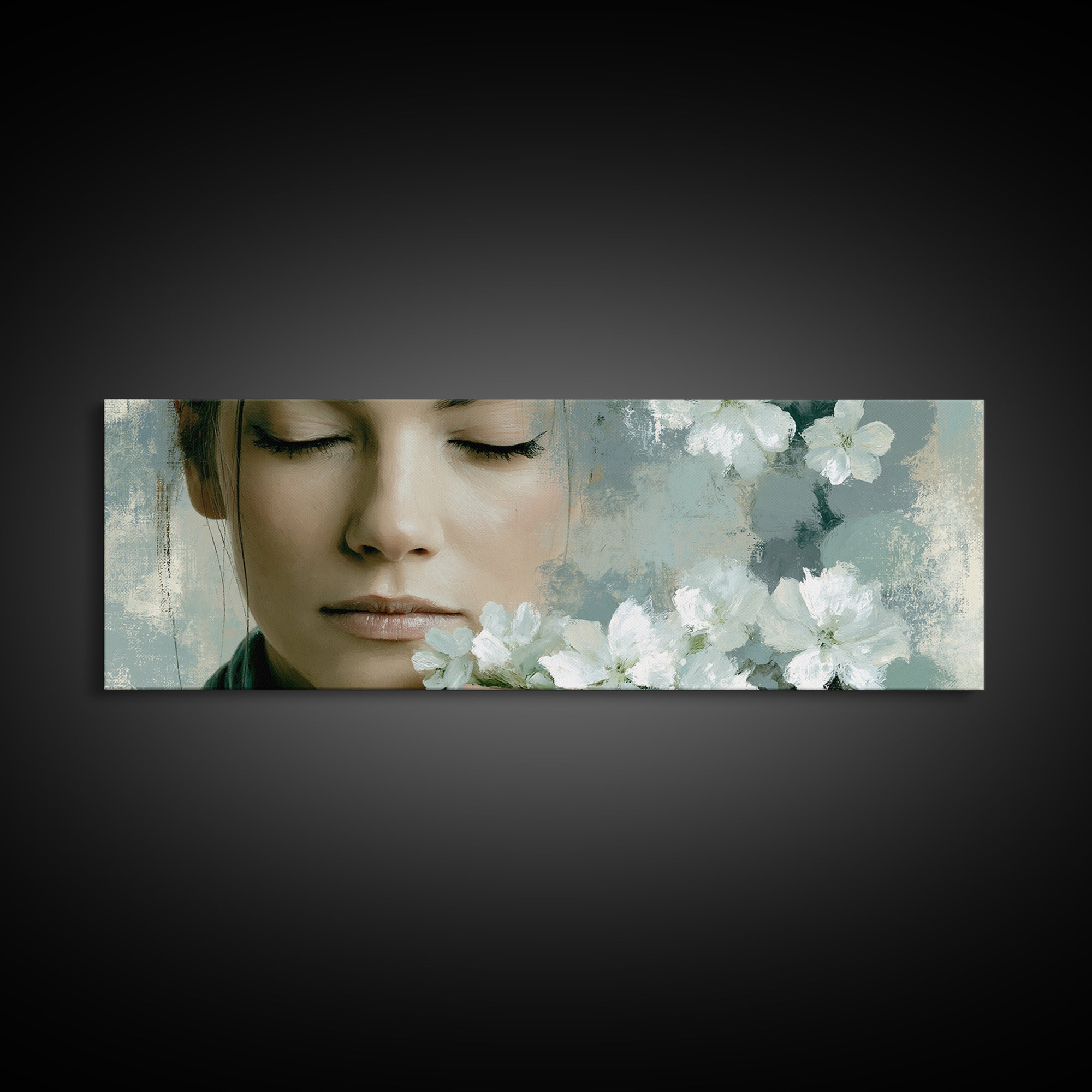 Minimal Face with Closed Eyes and Flowers Canvas Print, Spa Art, Wildlife Wall Art, Spa Decor, Serenity, Minimalist Decor, SPA-3x1-11