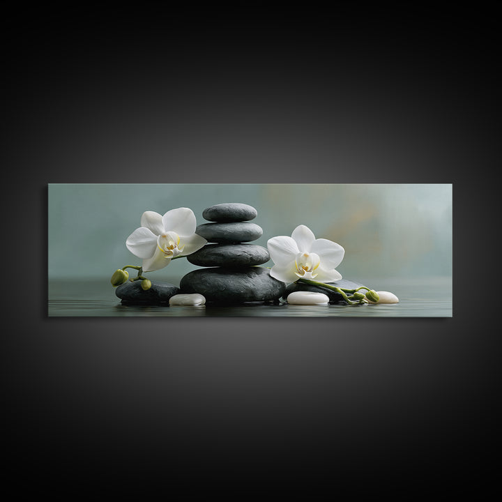 White Orchid on Smooth Gray Stone Framed Canvas Print, Spa Art, Dog Wall Art, Spa Decor, Fine Art, Serenity, Dog Canvas, SPA-3x1-18