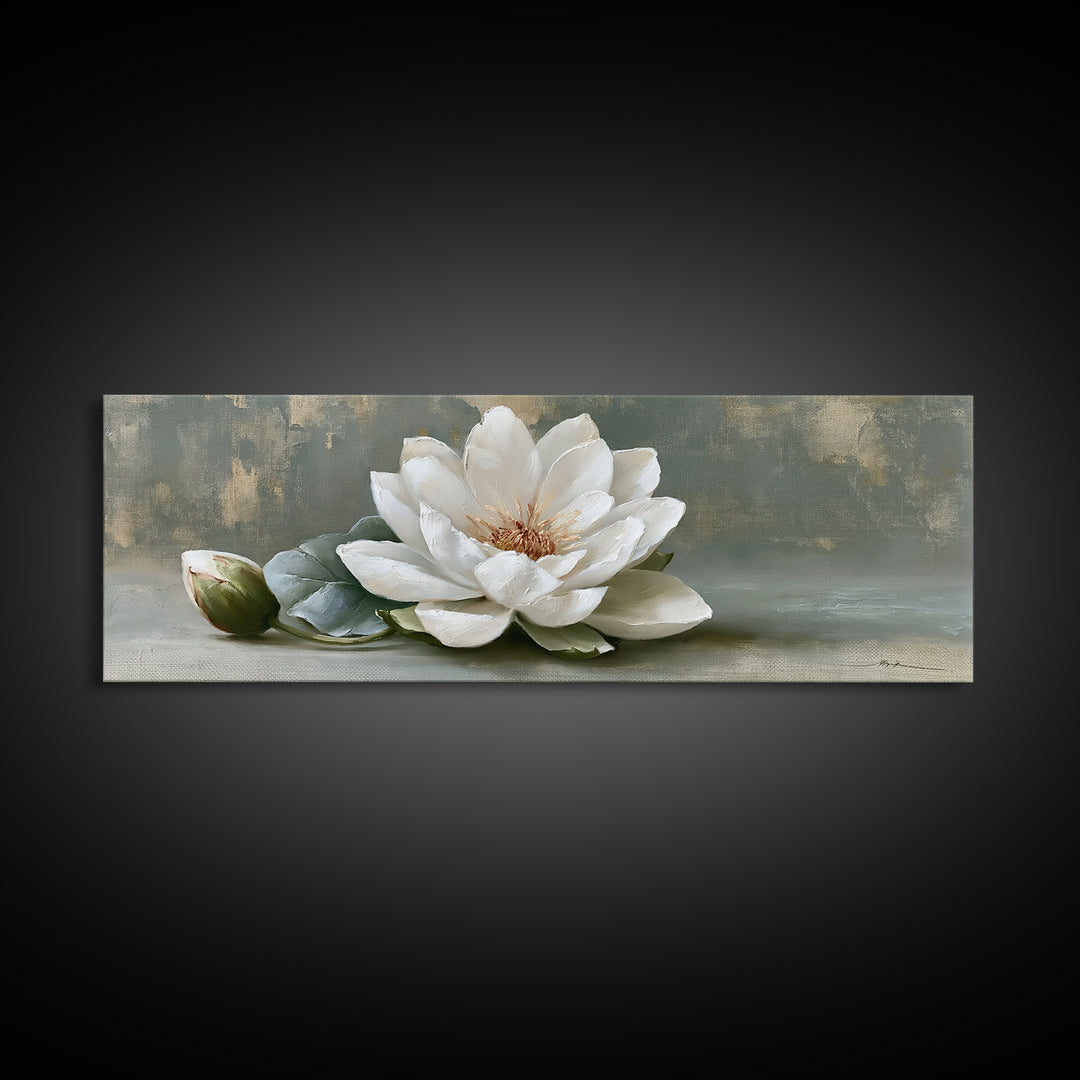 Single White Flower on Linen Ground Canvas Print, Spa Art, Salon Decor, Spa Decor, Oil Painting, Serenity, Statement Artwork, SPA-3x1-33