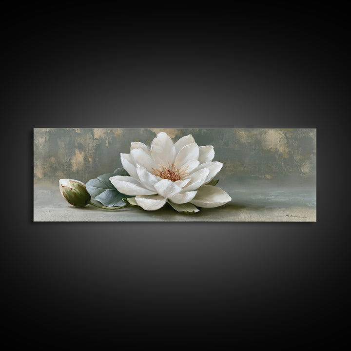 Single White Flower on Linen Ground Canvas Print, Spa Art, Salon Decor, Spa Decor, Oil Painting, Serenity, Statement Artwork, SPA-3x1-33