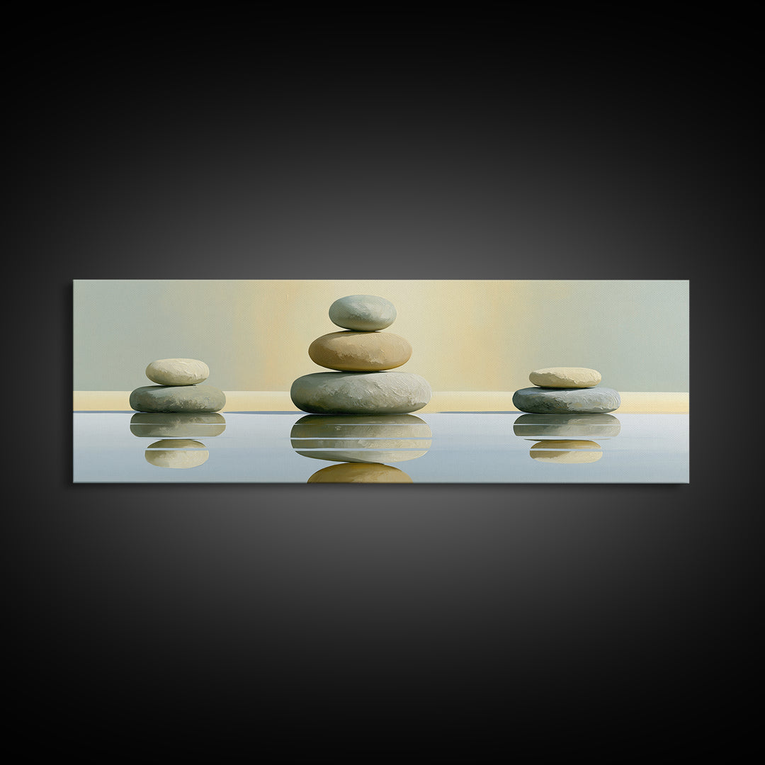 Stacked Stones Beside Calm Water Canvas Print, Spa Art, Wildlife Wall Art, Spa Decor, Watercolor Art, Serenity, SPA-3x1-41